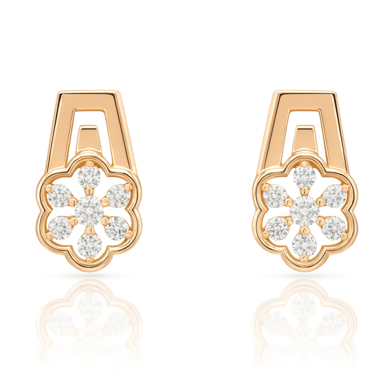 Rose Gold Flower Geometric Diamond Earrings | IGI Certified | LNPE0384