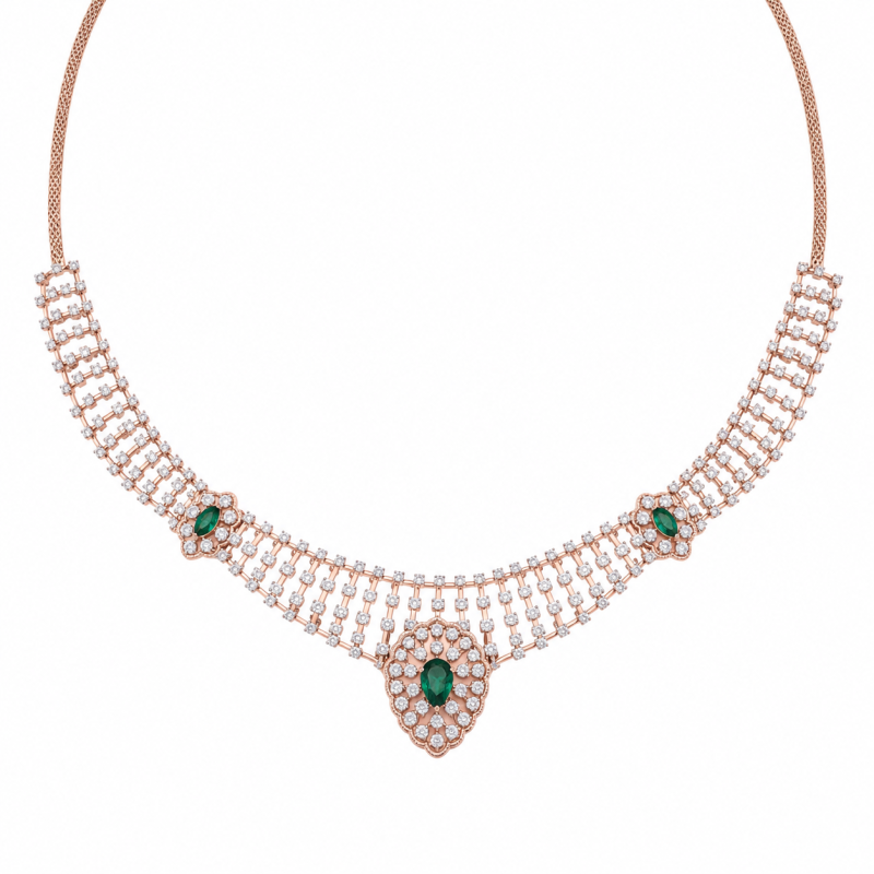Delicate Lattice Rose Gold Real Diamond Necklace with Green Emerald LNNS0255 | IGI Certified